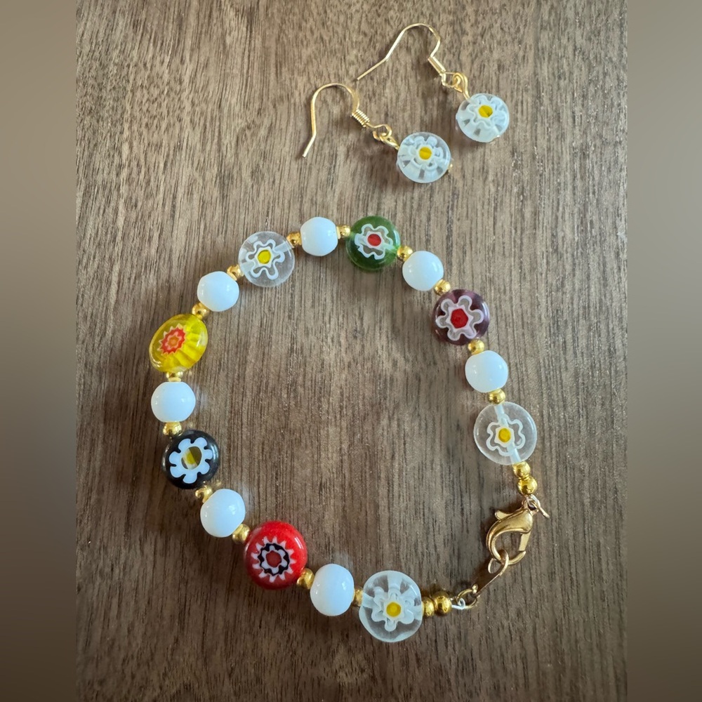 Handmade Colorful Floral Millefiori Beaded Bracelet and Earring Set